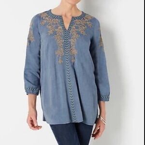 J. Jill Relaxed Embroidered Chambray Tunic (Blue)
